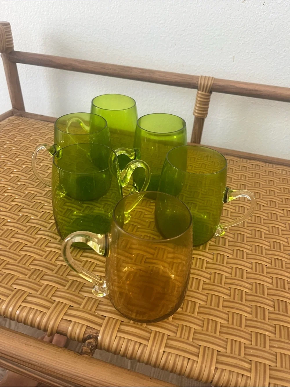Vintage Mid-Century Modern Hand Blown Glass Supplied Handle Mugs Set Of Six